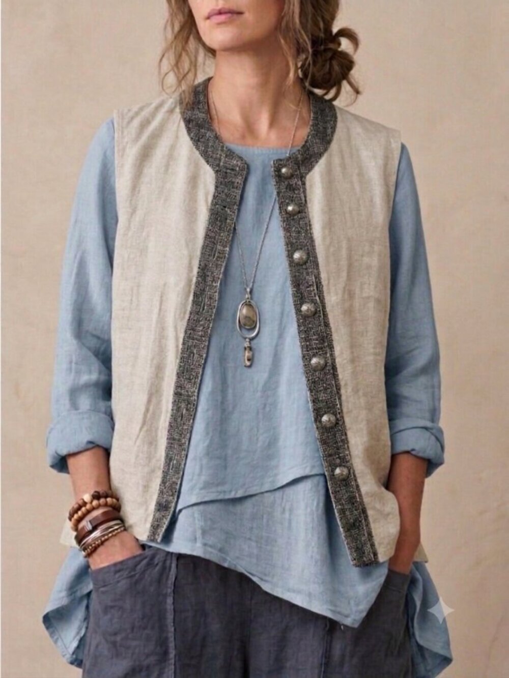 Vintage Hess Frackmann Lagenlook Linen Vest Trachten Style Sz 38 Fits M/L Folk